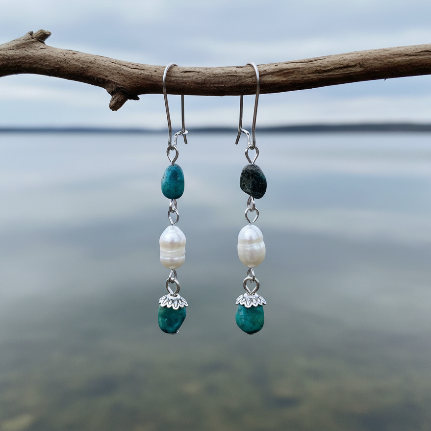 Zoetwater parel oorbellen met edelsteen Chrysocolla en edelstaal hangend aan takje | Lalita Chrysocolla