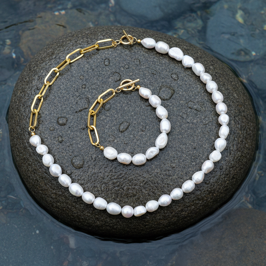 Zoetwater parel set bestaande uit een parelketting en parel armband met witte parels en goud edelstaal liggend op steen in water | set Baudine
