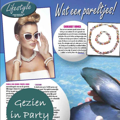 Zoetwater parelketting met vrolijk gekleurde parels en magneetslotje gezien in tijdschrift Party | Bonica