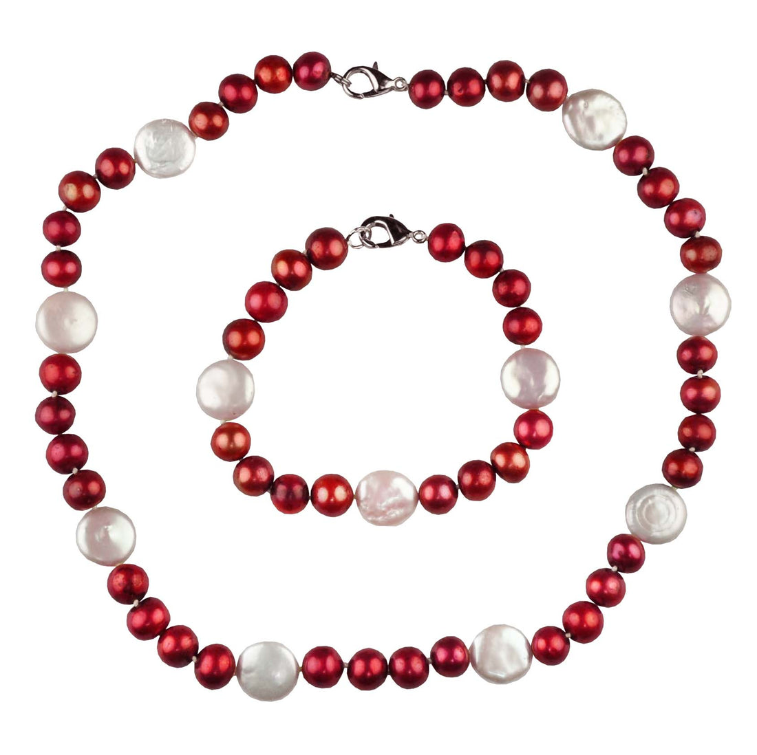 Handgeknoopt zoetwater parel set bestaande uit een parelketting en een parel armband met rode en witte parels | Ruby