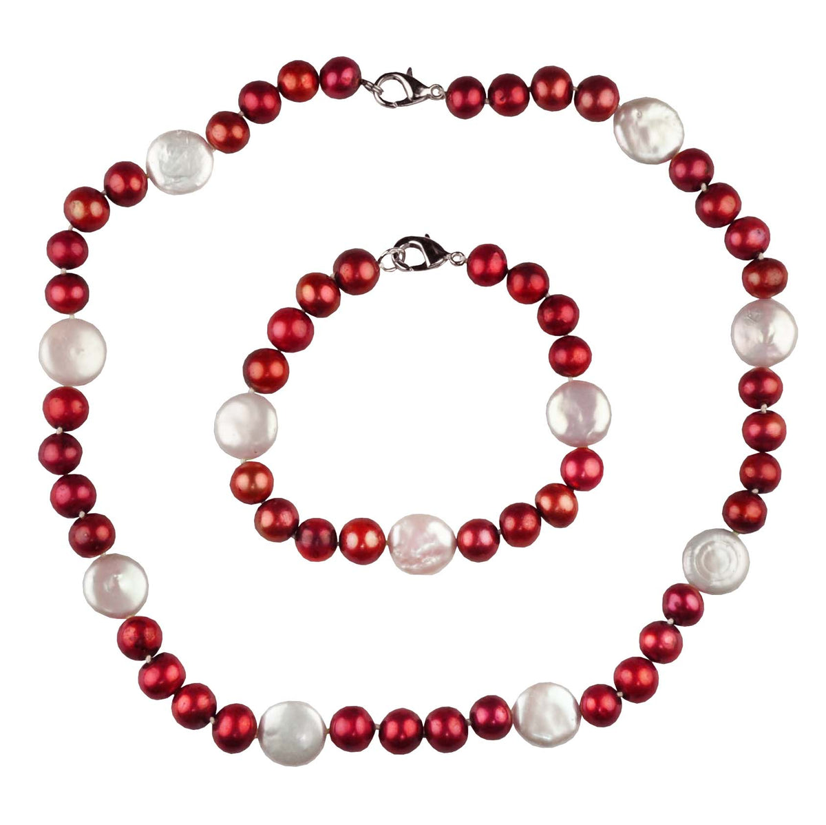 Handgeknoopt zoetwater parel set bestaande uit een parelketting en een parel armband met rode en witte parels | Ruby