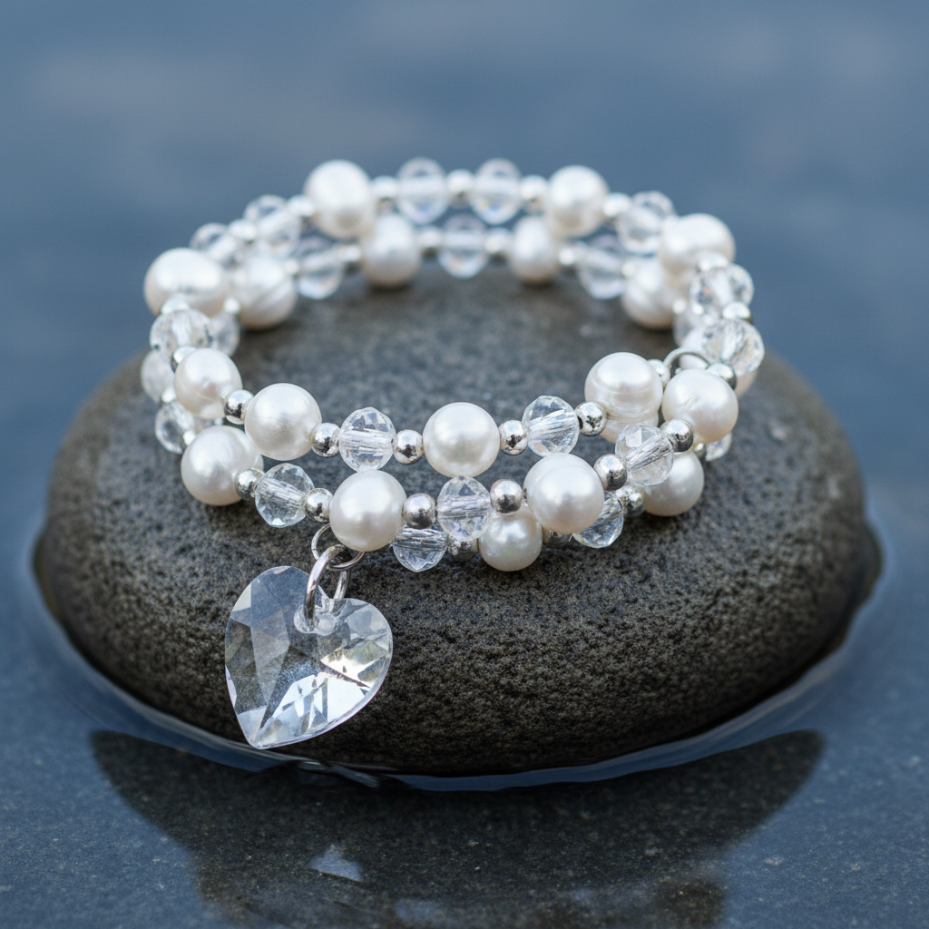Wit zoetwater parel wikkel armband met kristallen hartje liggend op steen  | Wrap Pearl Crystal Heart