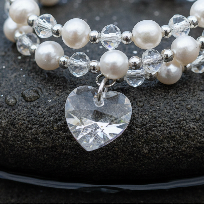 Wit zoetwater parel wikkel armband met kristallen hartje liggend op steen close up | Wrap Pearl Crystal Heart