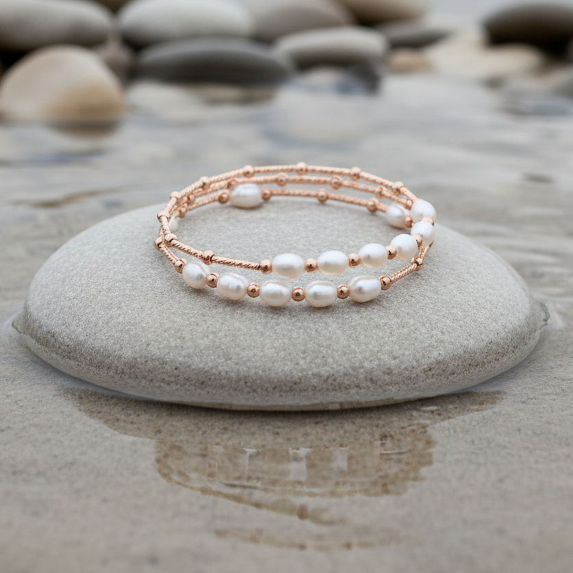 Zoetwater parel wikkel armband met witte parels en rose goud liggend op beige steen in water | Wrap Rose White Pearl