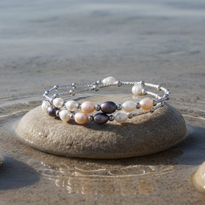 Zoetwater parel wikkel armband met natuurlijke gekleurde parels en zilver liggend op steen aan waterrand | Wrap Silver Multi Pearl