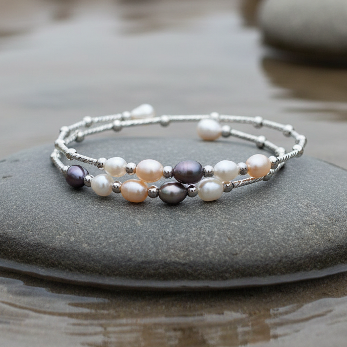 Zoetwater parel wikkel armband met natuurlijke gekleurde parels en zilver liggend op steen in water | Wrap Silver Multi Pearl