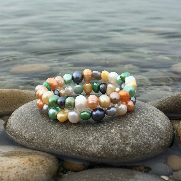 Zoetwater parel wikkel armband met vrolijk gekleurde parels liggend op steen in water | Zen Color Two