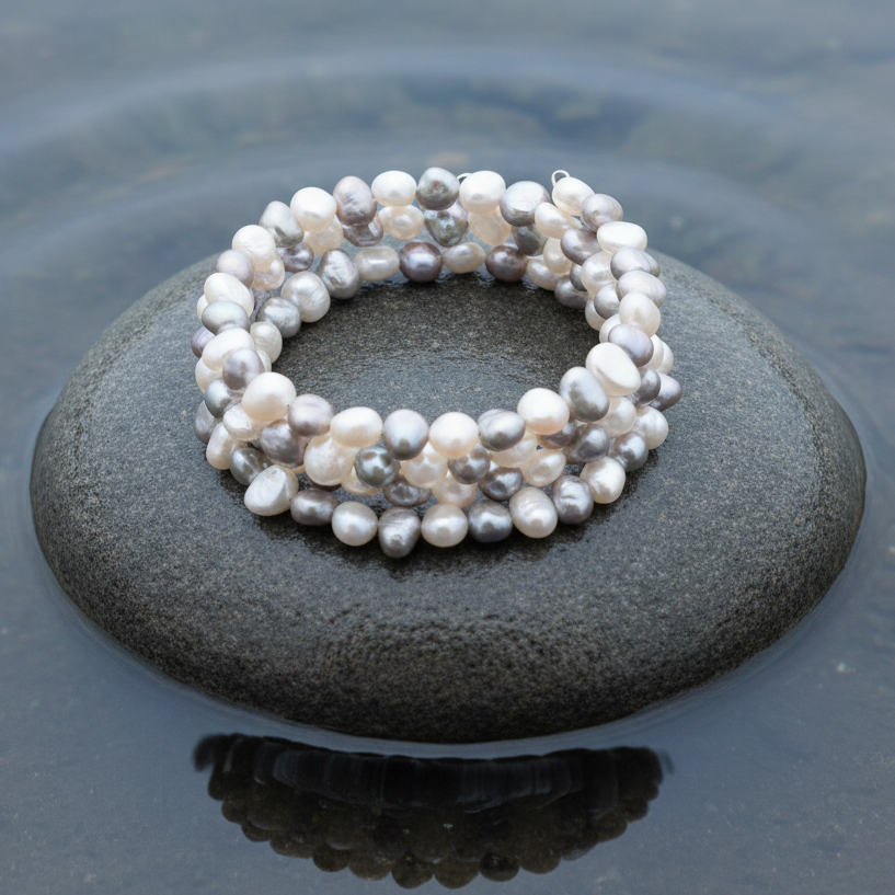 Zoetwater parel armband met witte en grijze parels liggend op natte grijze steen  | Zen White Greyn water
