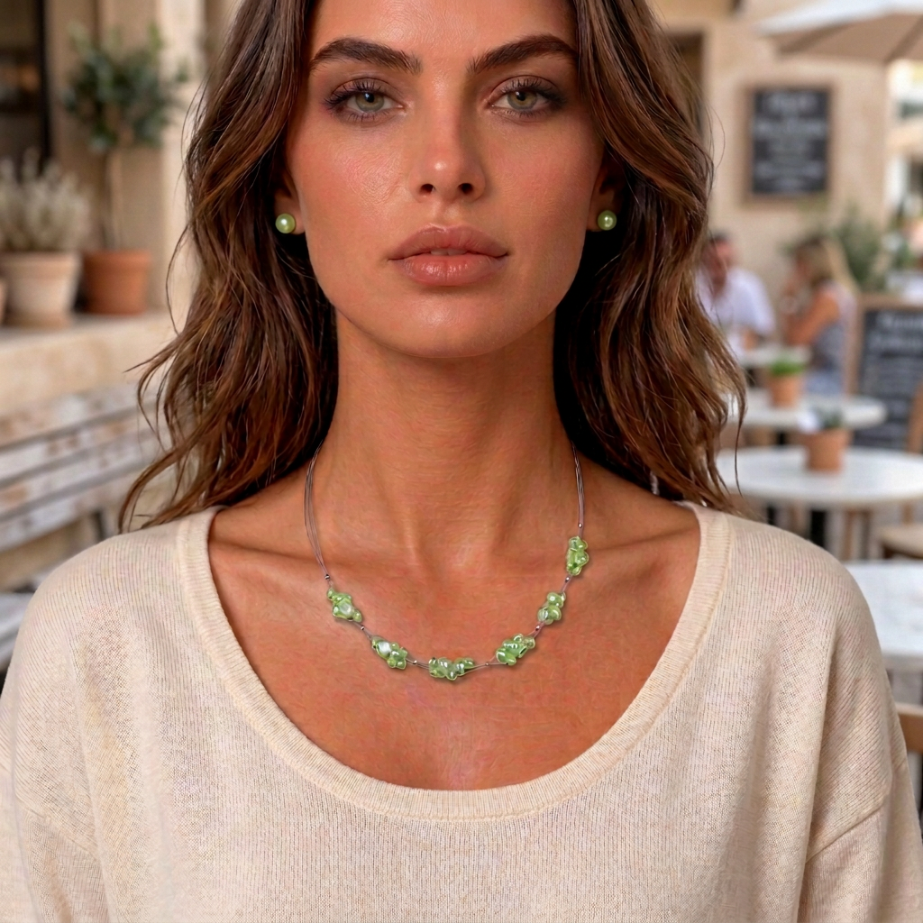 Zoetwater parelketting met appelgroene parels en sterling zilver (925) gedragen door model in vrijetijdskleding | Greeny