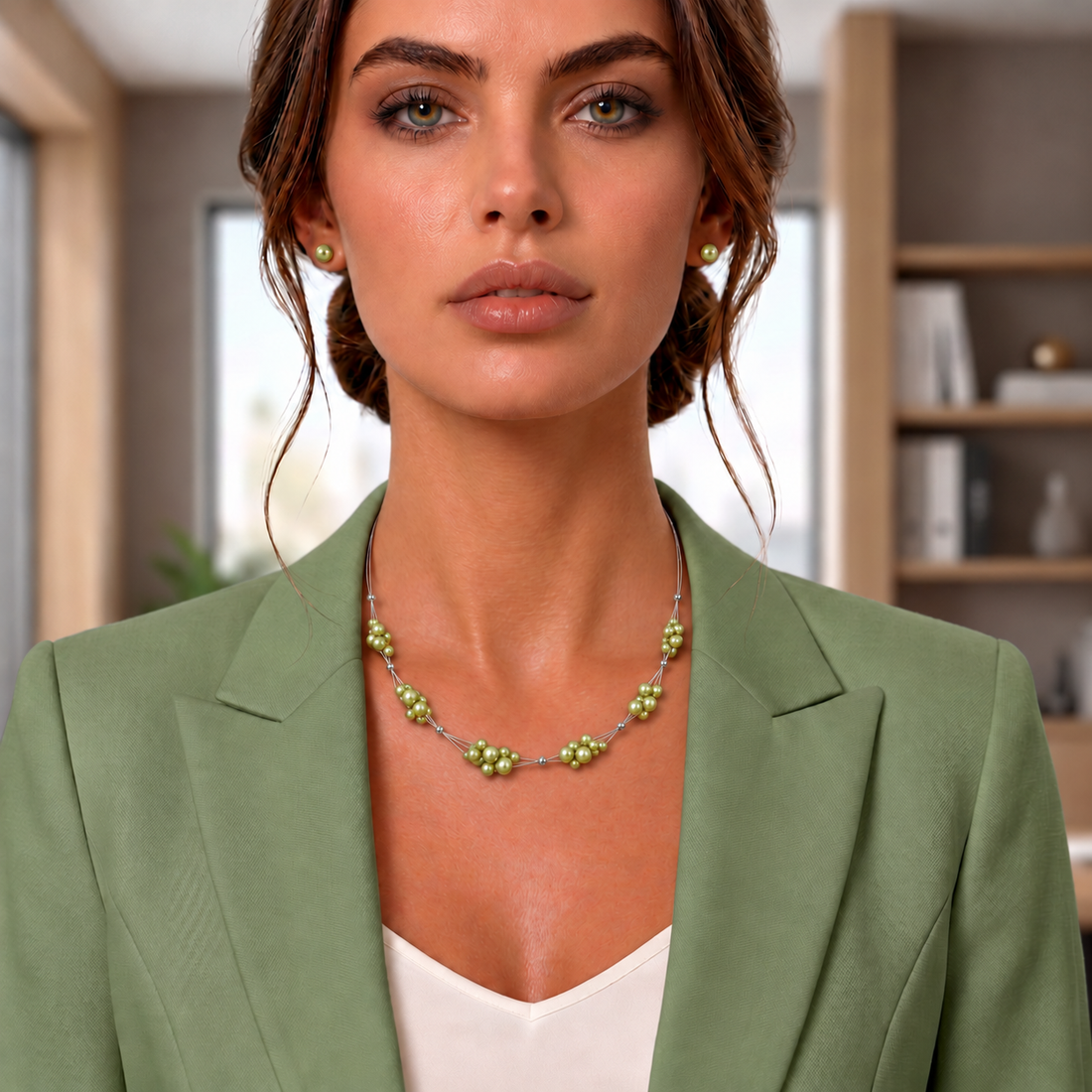 Zoetwater parelketting met appelgroene parels en sterling zilver (925) gedragen door model met groen colbert | Greeny