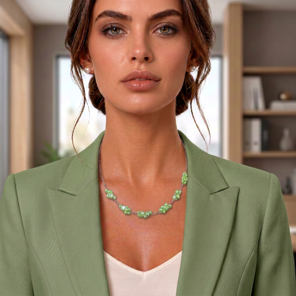 Zoetwater parelketting met appelgroene parels en sterling zilver (925) gedragen door model met groen colbert | Greeny