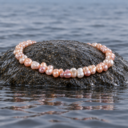 Zoetwater parelketting in pastel kleuren, wit, licht roze en zalm liggend op steen in water | Pomona