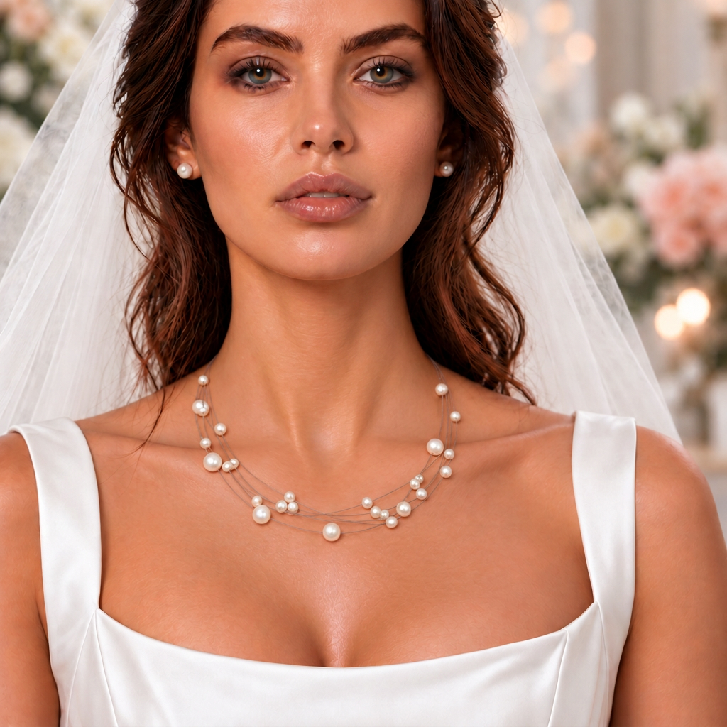 Zoetwater parelketting met witte parels en sterling zilver in 5 rijen gedragen door bruidsmodel| Avetta
