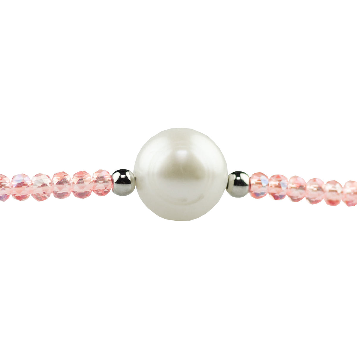 Zoetwater parelketting met witte parel, roze facet geslepen glaskristallen en maneetslot detail | Amelie