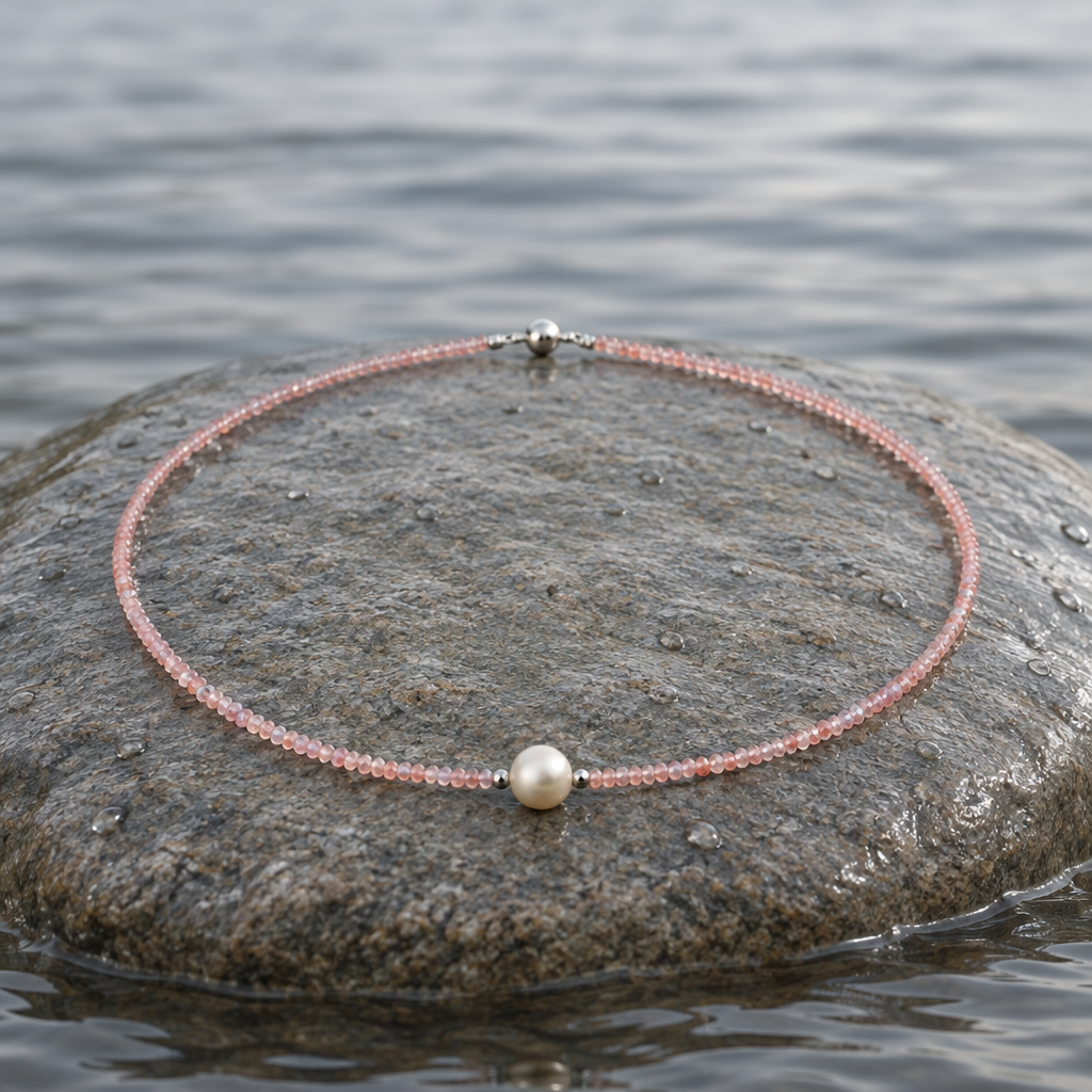 Zoetwater parelketting met witte parel, roze facet geslepen glaskristallen en maneetslot liggend op steen in water | Amelie