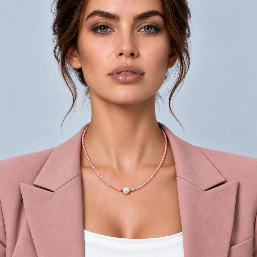 Zoetwater parelketting met witte parel, roze facet geslepen glaskristallen en maneetslot op model met roze colbert | Amelie 