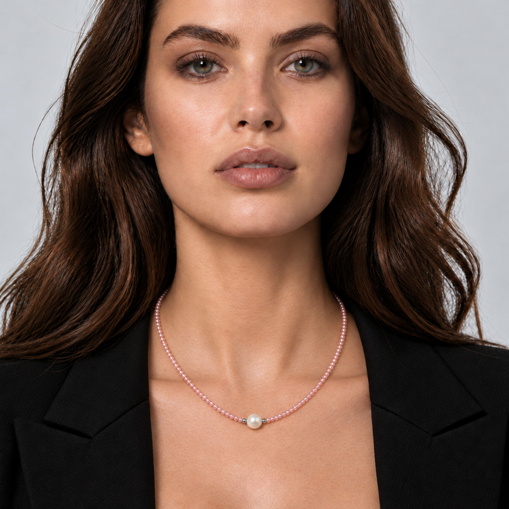 Zoetwater parelketting met witte parel, roze facet geslepen glaskristallen en maneetslot op model met zwart colbert | Amelie 