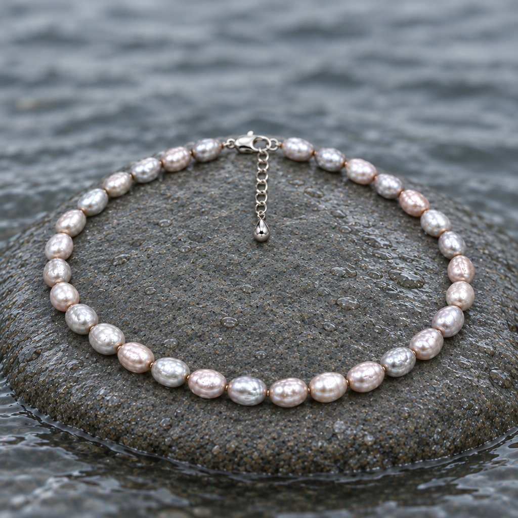 Handgeknoopte grijze parelketting met sterling zilveren slot en verlengketting liggend op steen in water | Baroque Grey