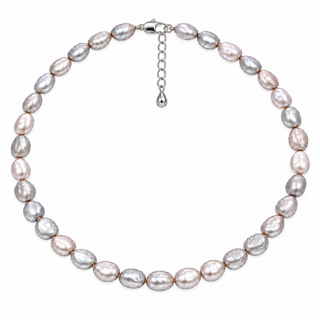 Handgeknoopte grijze parelketting met sterling zilveren slot en verlengketting | Baroque Grey