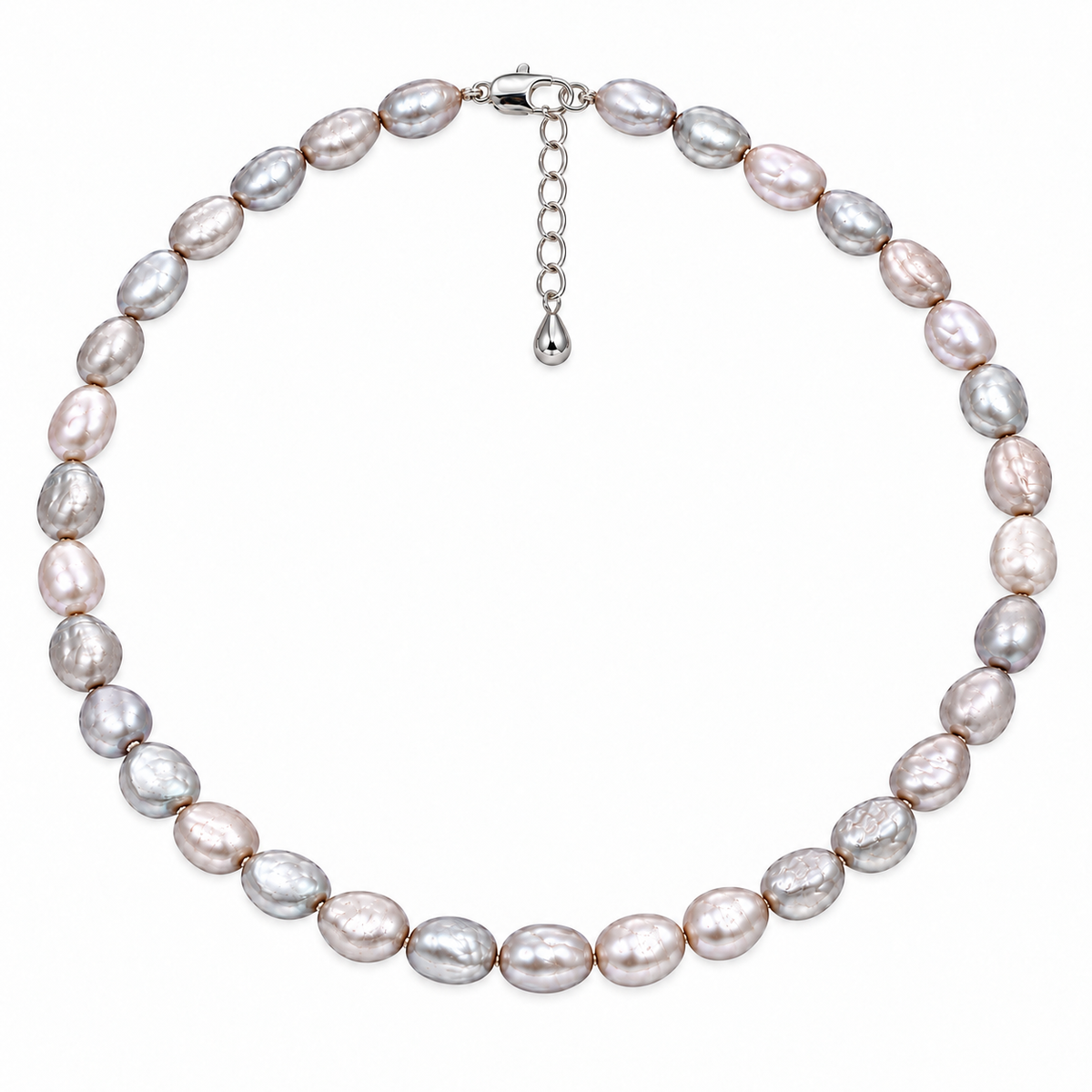 Handgeknoopte grijze parelketting met sterling zilveren slot en verlengketting | Baroque Grey