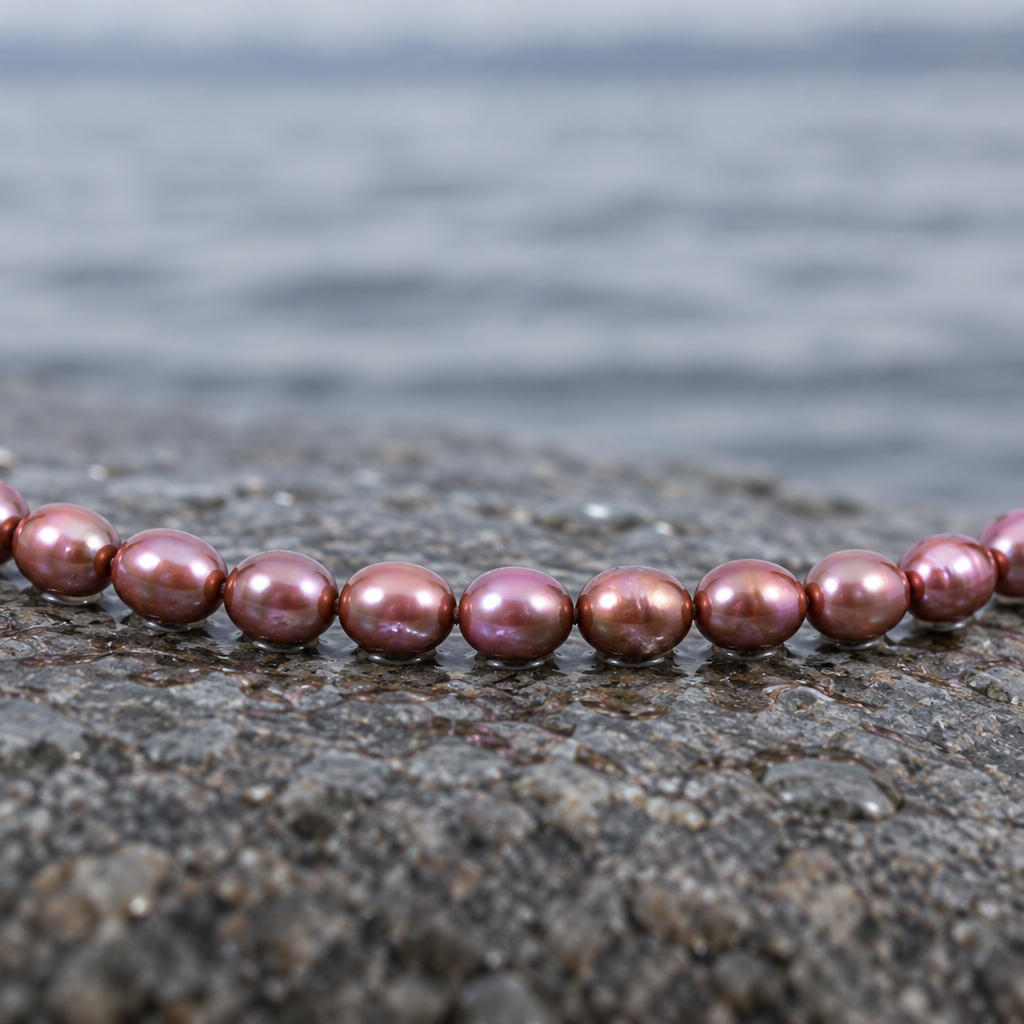 Bruine zoetwater parelketting met sterling zilver (925) liggend op steen in water close up | Bini