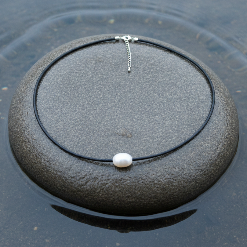 Wit zoetwater parelketting met zwart leer en zilver edelstaal liggend op steen in water  | Black Leather Pearl White