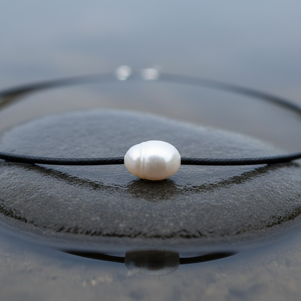 Wit zoetwater parelketting met zwart leer en zilver edelstaal liggend op steen in water close up | Black Leather Pearl White