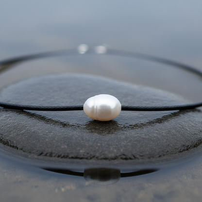 Wit zoetwater parelketting met zwart leer en zilver edelstaal liggend op steen in water close up | Black Leather Pearl White