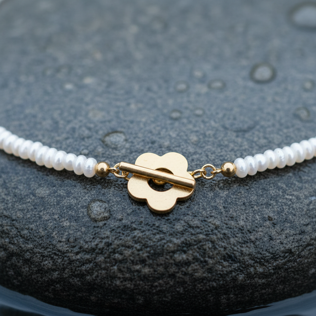 Zoetwater parelketting met kleine witte parels en gouden bloem slotje liggend op steen in water close up | Bloem