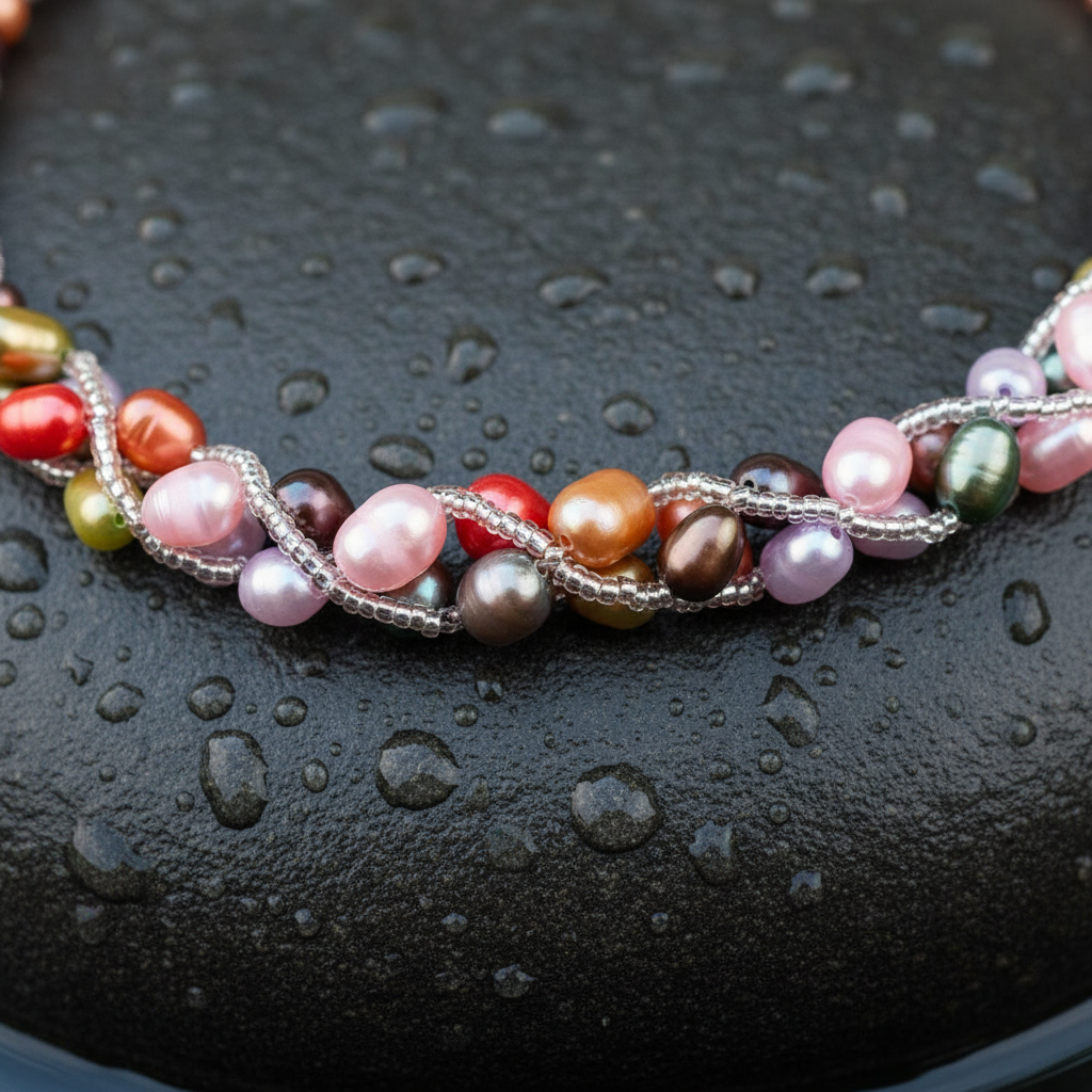 Zoetwater parelketting met vrolijk gekleurde parels en magneetslotje liggend op steen in water close up | Bonica