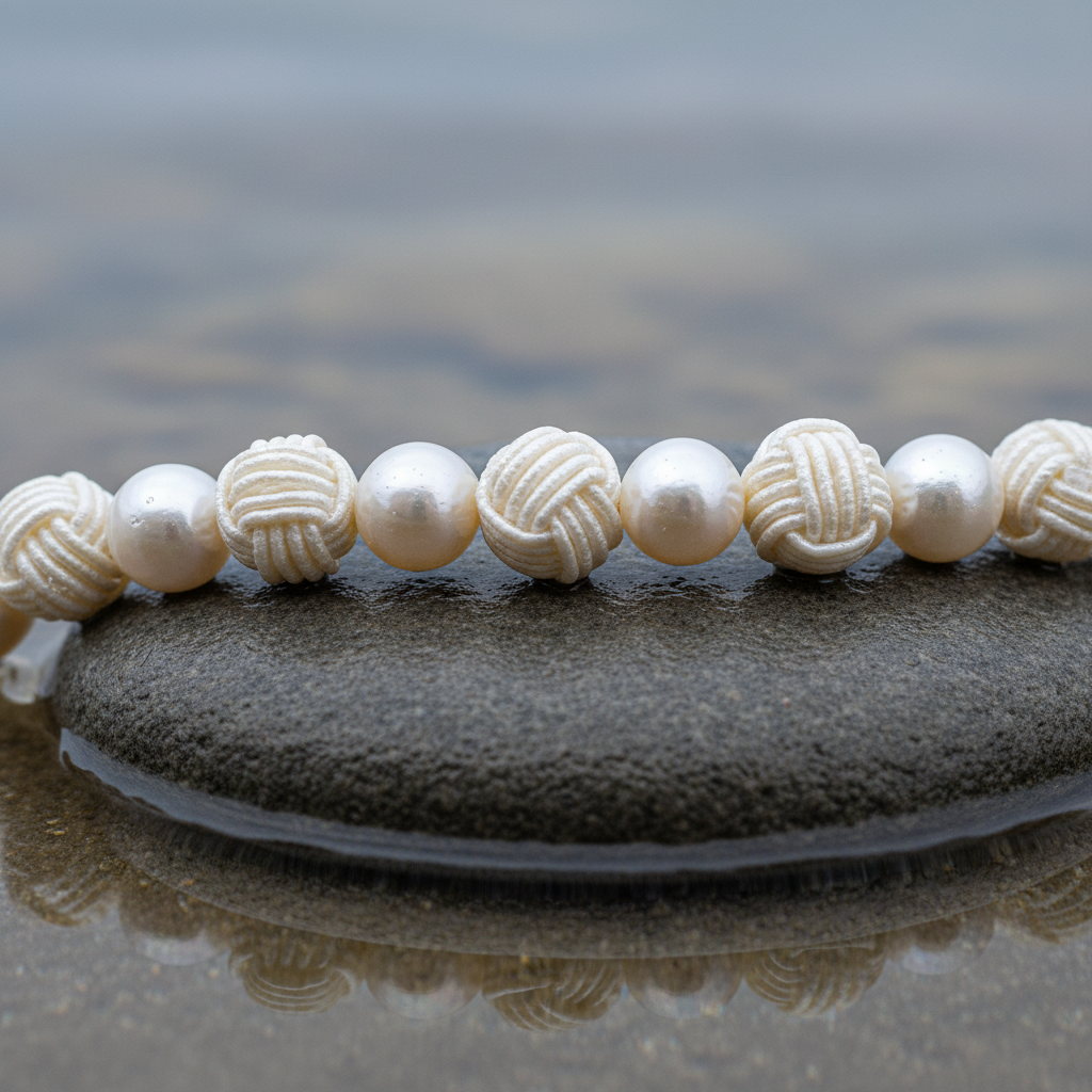 Zoetwater parelketting met witte parels, Chinese knopen en gerhodineerd zilver liggend op steen in water close up | Chiwa