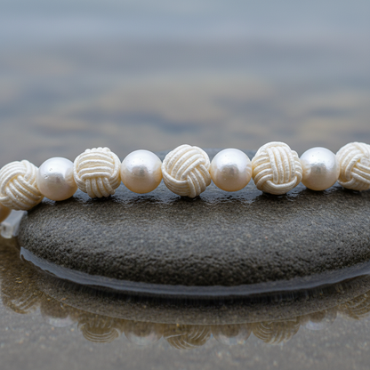 Zoetwater parelketting met witte parels, Chinese knopen en gerhodineerd zilver liggend op steen in water close up | Chiwa