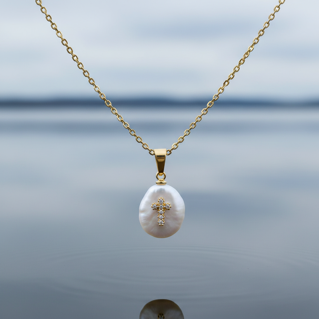 Detail van zoetwater parelketting  met witte parel hanger met stras steentjes in kruis motief en goud edelstaal hangend boven water | Coin Pearl Golden Cross