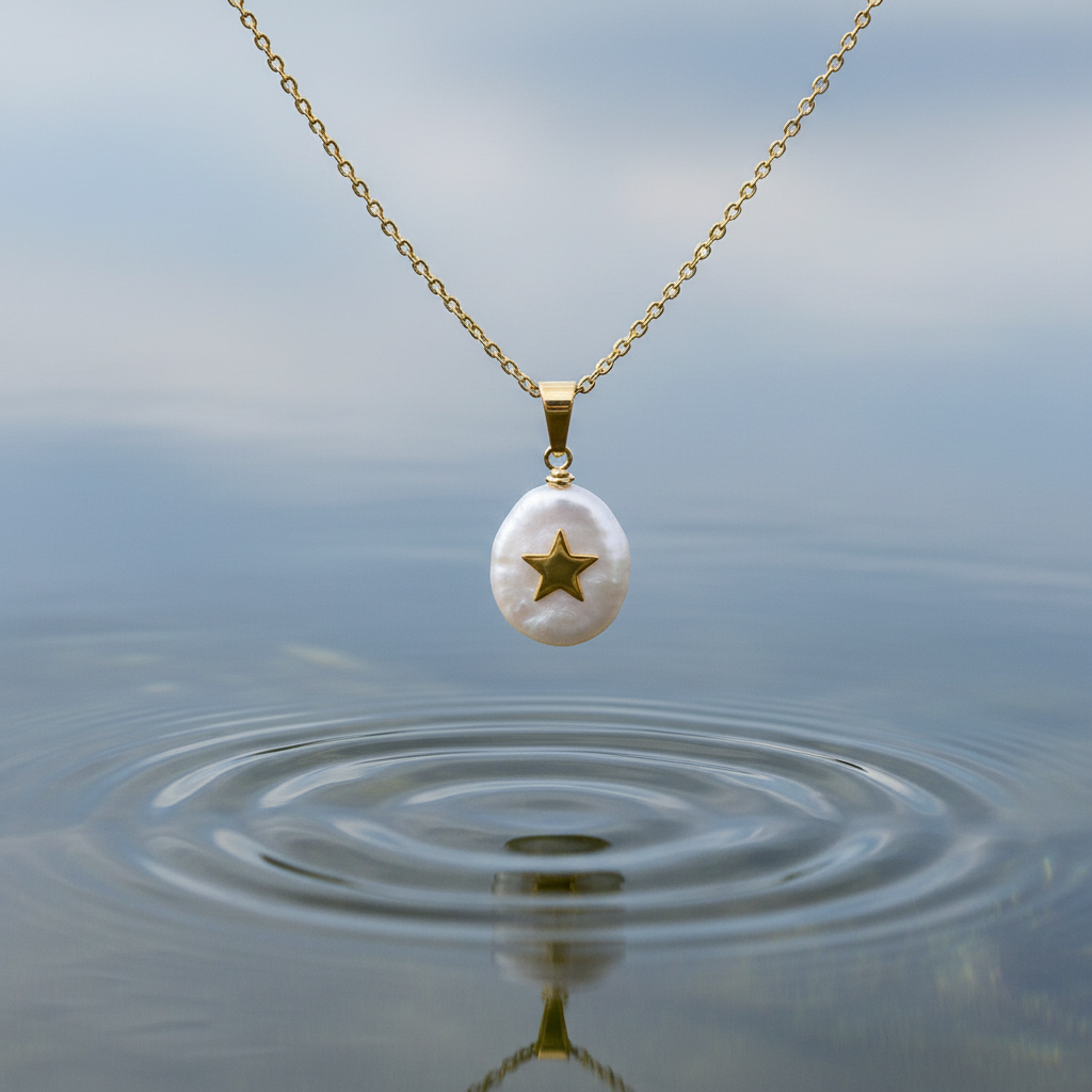 Detail van zoetwater parelketting met witte parel hanger met gouden ster en goud edelstaal hangend boven water | Coin Pearl Golden Star 
