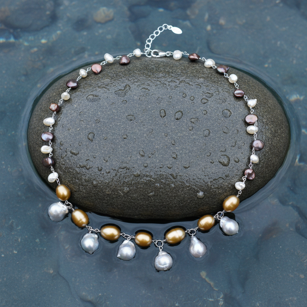 Zoetwater parelketting met grijze, bruine en gouden parels en sterling zilver (925) liggend op steen in water  | Daisy