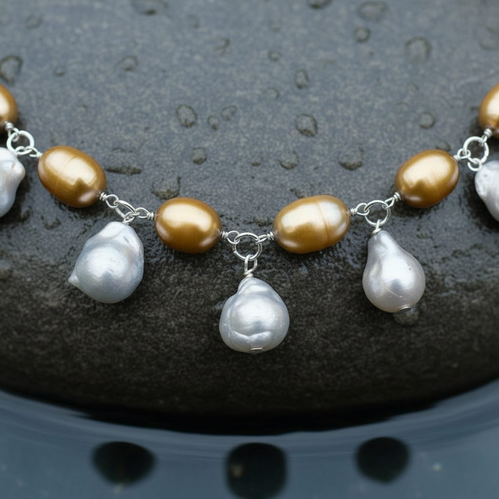 Zoetwater parelketting met grijze, bruine en gouden parels en sterling zilver (925) liggend op steen in water close up | Daisy