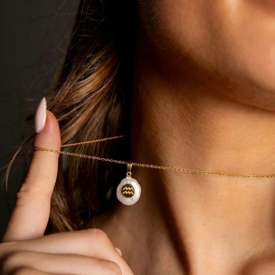 Detail van witte zoetwater parelketting met hanger en symbool van sterrenbeeld Waterman en goud edelstaalop model close up | Gouden Sterrenbeeld Waterman
