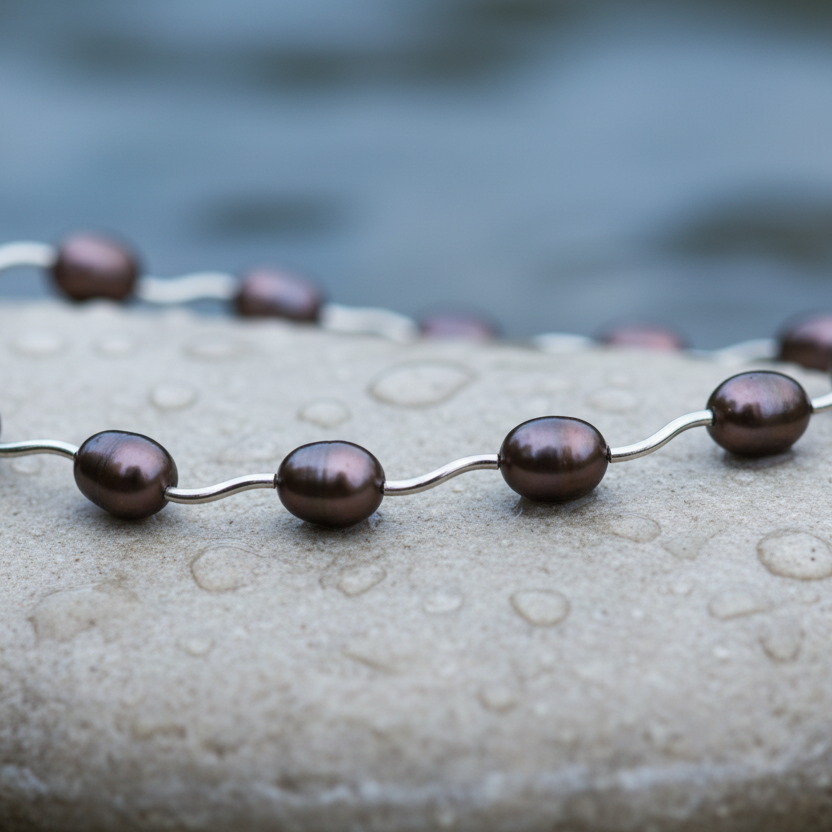 Zoetwater parelketting met bruin grijze parels liggend op steen in water close up | Griande