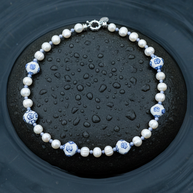 Zoetwater parelketting met witte parels en Delfts blauwe kralen liggend op steen in water | Hollands Glorie Bloem