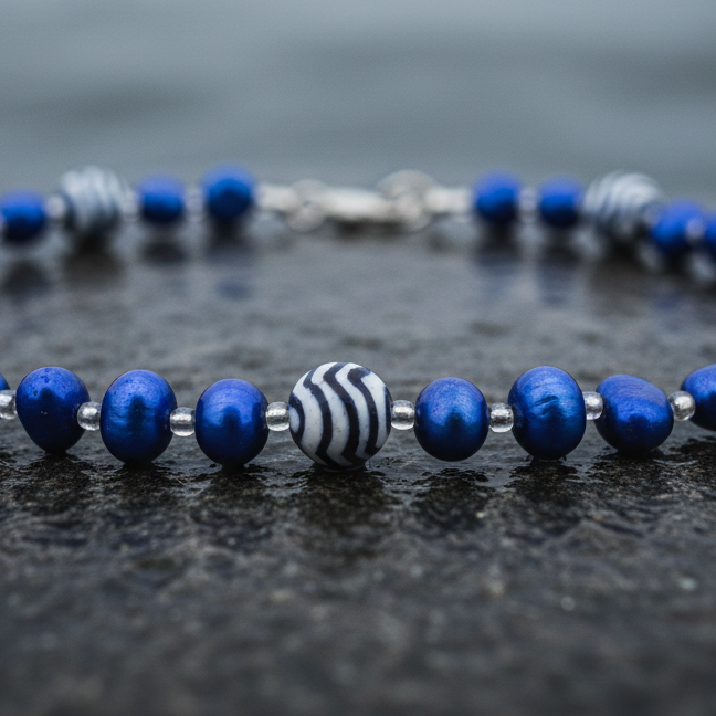 Zoetwater parelketting met blauw parels, kralen met Delfts blauw motief en magneetslotje liggend op steen in water close up | Hollands Glorie Golfje Blauw