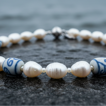 Zoetwater parelketting met witte parels, kralen met Delfts blauw motief en magneetslotje liggend op steen in water close up | Hollands Glorie Spiral White