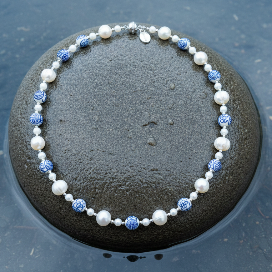Zoetwater parelketting met kralen met Delfts blauw motief en magneetslotje liggend op steen | Hollands Glorie Zilver Bling