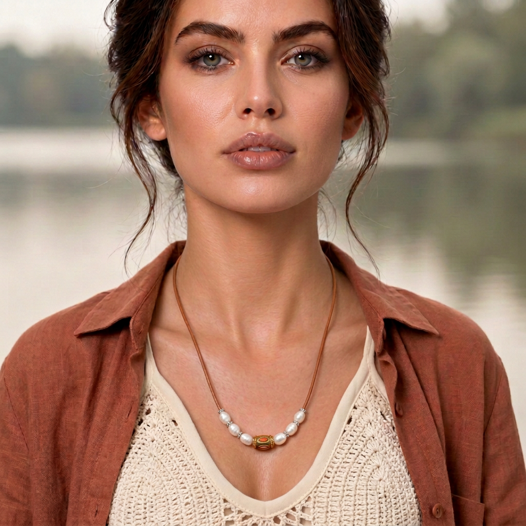 Zoetwater parelketting met echte parels en leer gedragen door model | Parelketting Ibiza Orange