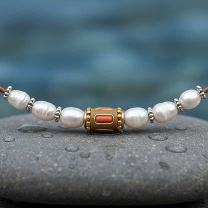 Zoetwater parelketting met echte witte parels en leer hangend boven steen | Parelketting Ibiza Orange