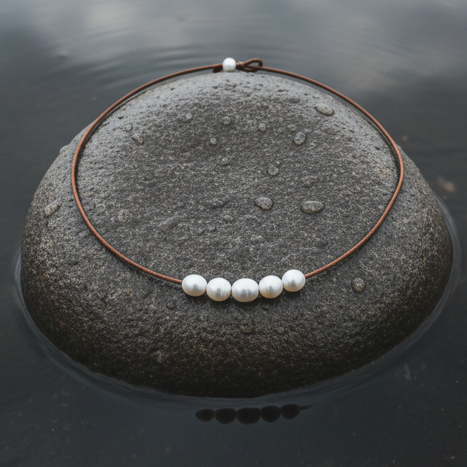 Witte parelketting met 6 parels en echt licht bruin leer liggend op steen in water | Joanne