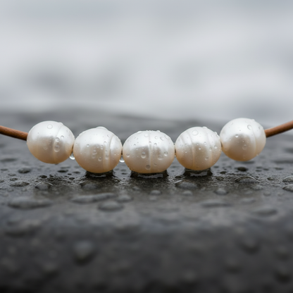 Witte parelketting met 6 parels en echt licht bruin leer liggend op steen in water close up | Joanne
