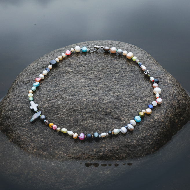 Zoetwater parelketting met vrolijk gekleurde parels en sterling zilver (925) liggend op steen in water | Marvey