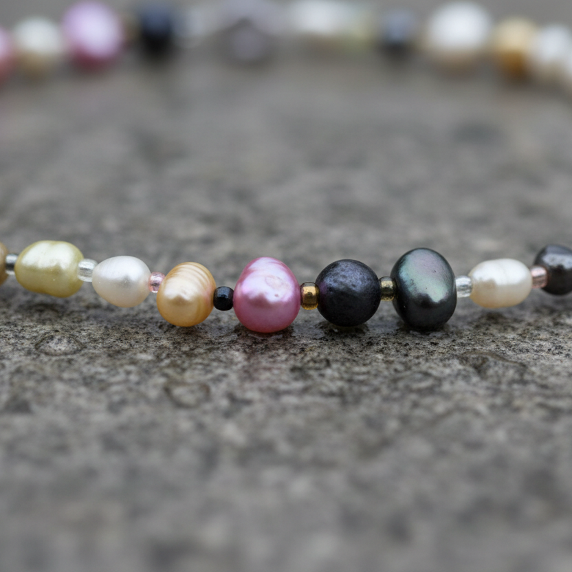 Zoetwater parelketting met vrolijk gekleurde parels en sterling zilver (925) liggend op steen in water close up | Marvey
