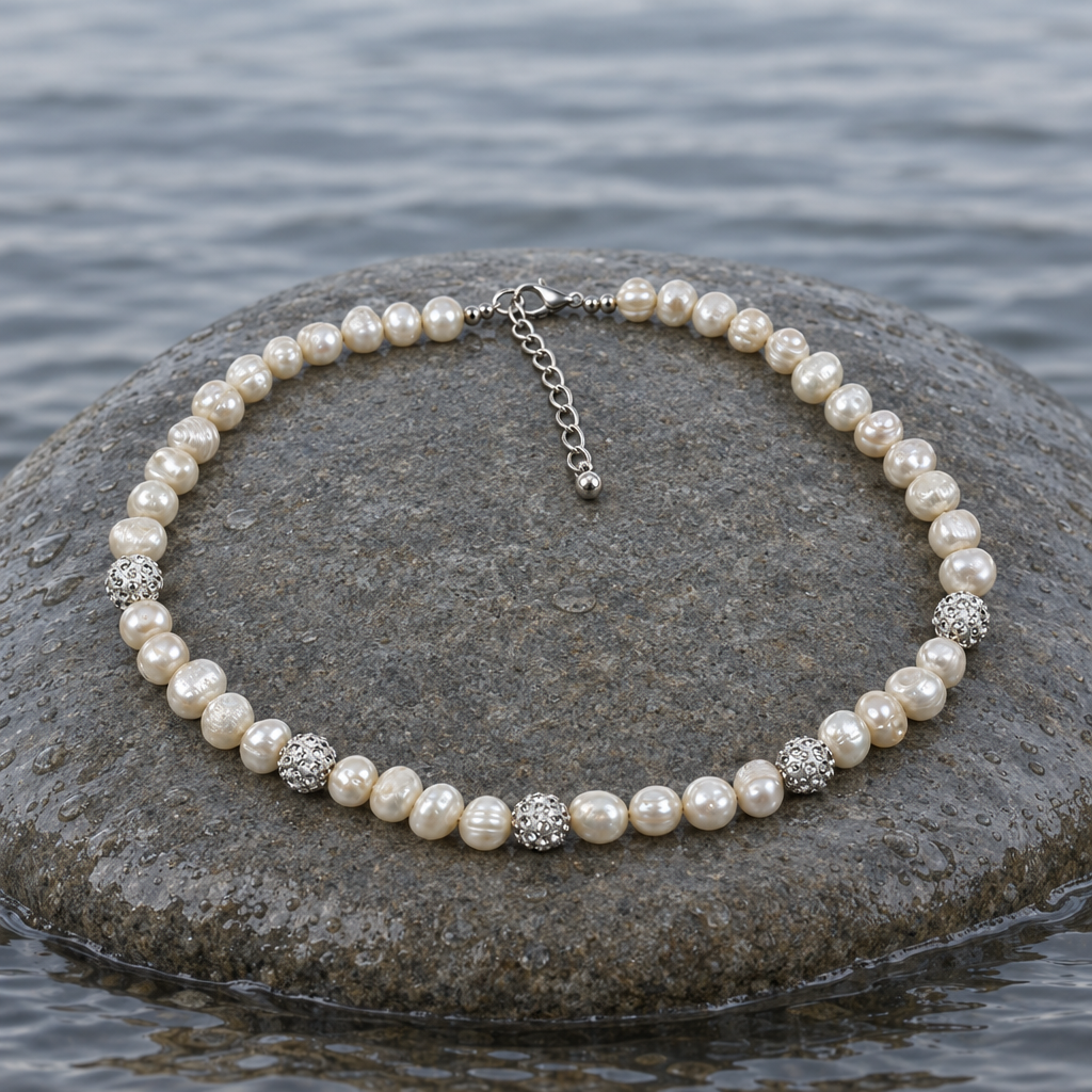 Zoetwater parelketting met witte parels, stras steentjes en sterling zilver (925) met verlengketting liggend op steen in water | Maxima