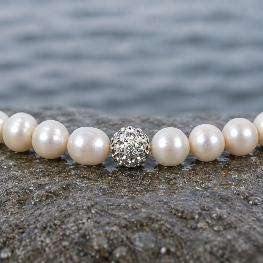 Zoetwater parelketting met witte parels, stras steentjes en sterling zilver (925) met verlengketting liggend op steen in water close up | Maxima